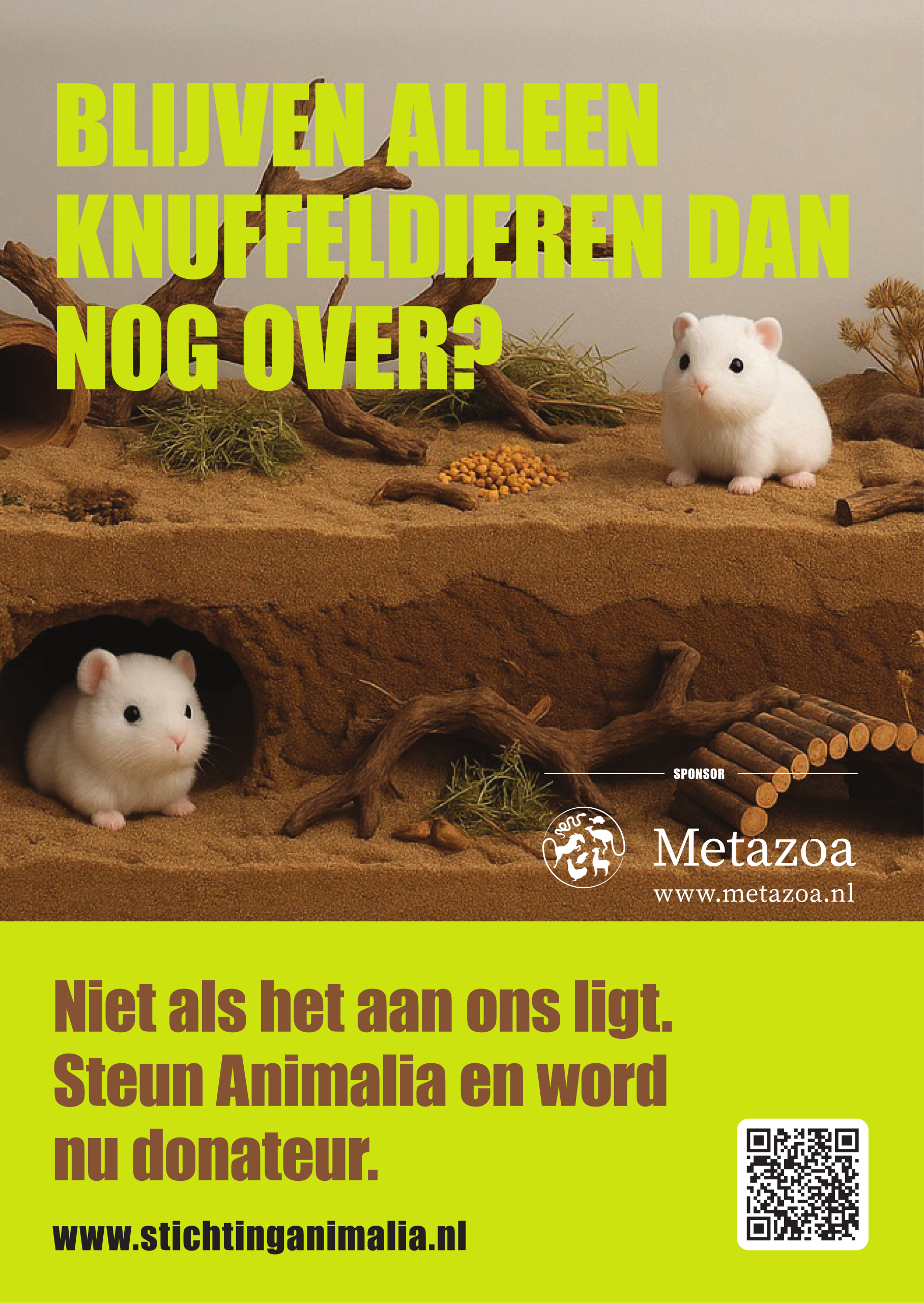 Poster: "Blijven alleen knuffeldieren dan nog over?" Hamsters